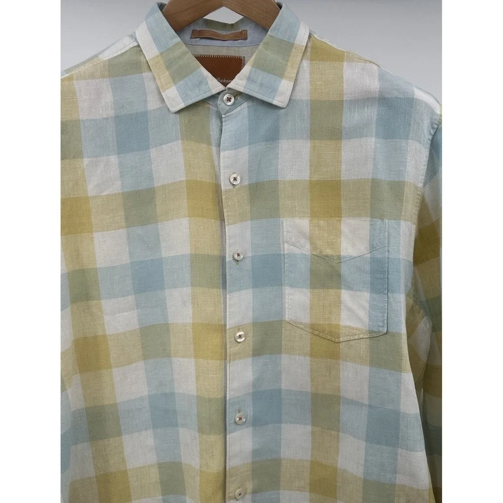 Tommy‎ Bahama Men's Linen Button Up Plaid Blue Yellow Vacation Large Casual